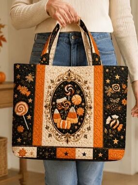 🍂🎃 Candy Corn Quilted Tote Bag - Black, Orange & Cream